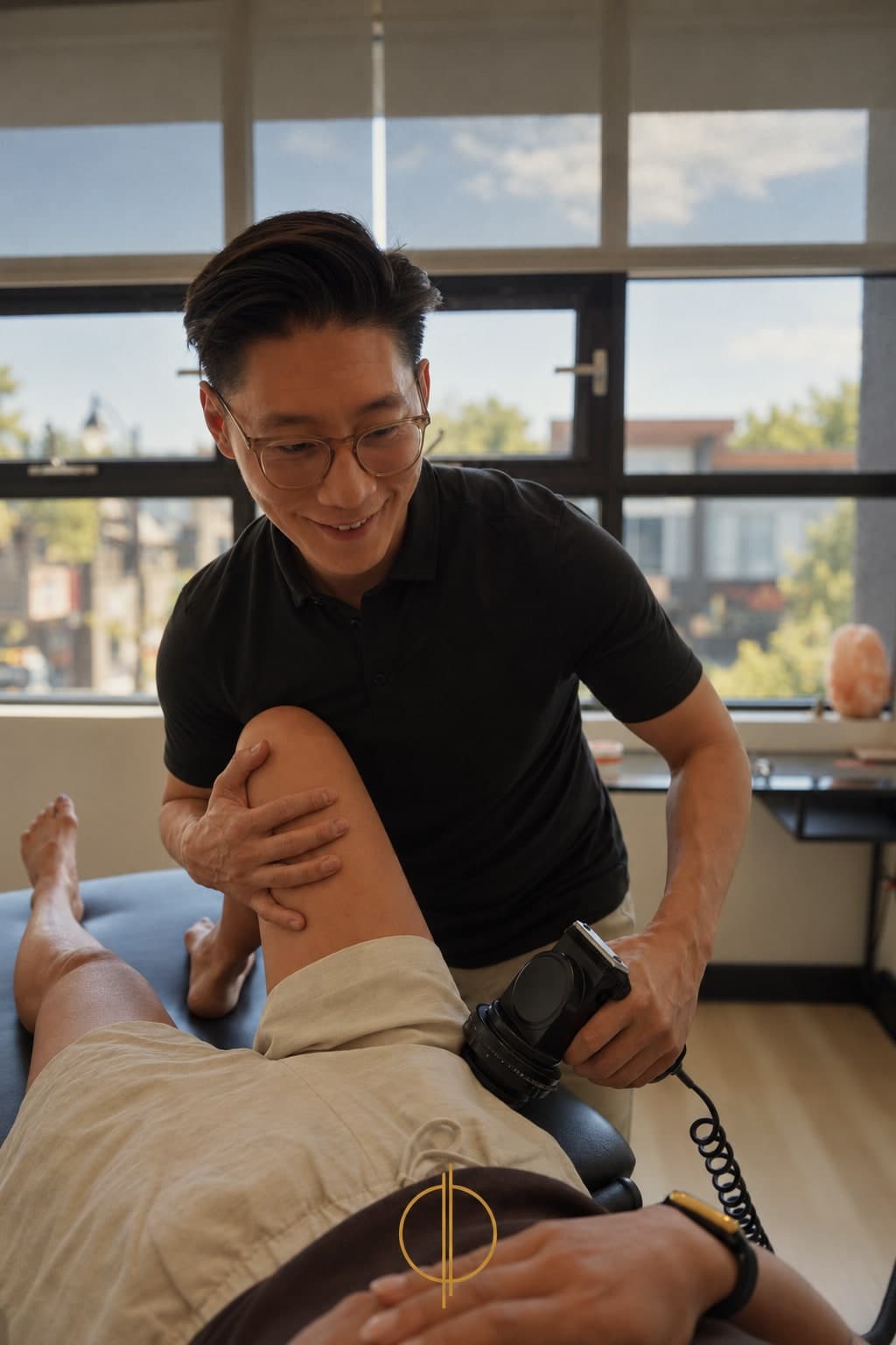 Dr. Justin Tan, chiropractor at Philo Health in Calgary, using a percussion device on a patient's thigh during a treatment