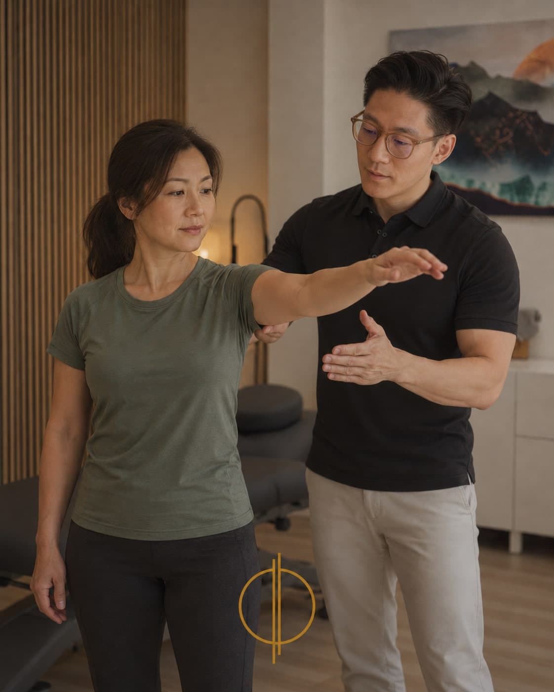 Dr. Justin Tan, chiropractor at Philo Health in Calgary, guiding a patient through a shoulder mobility assessment
