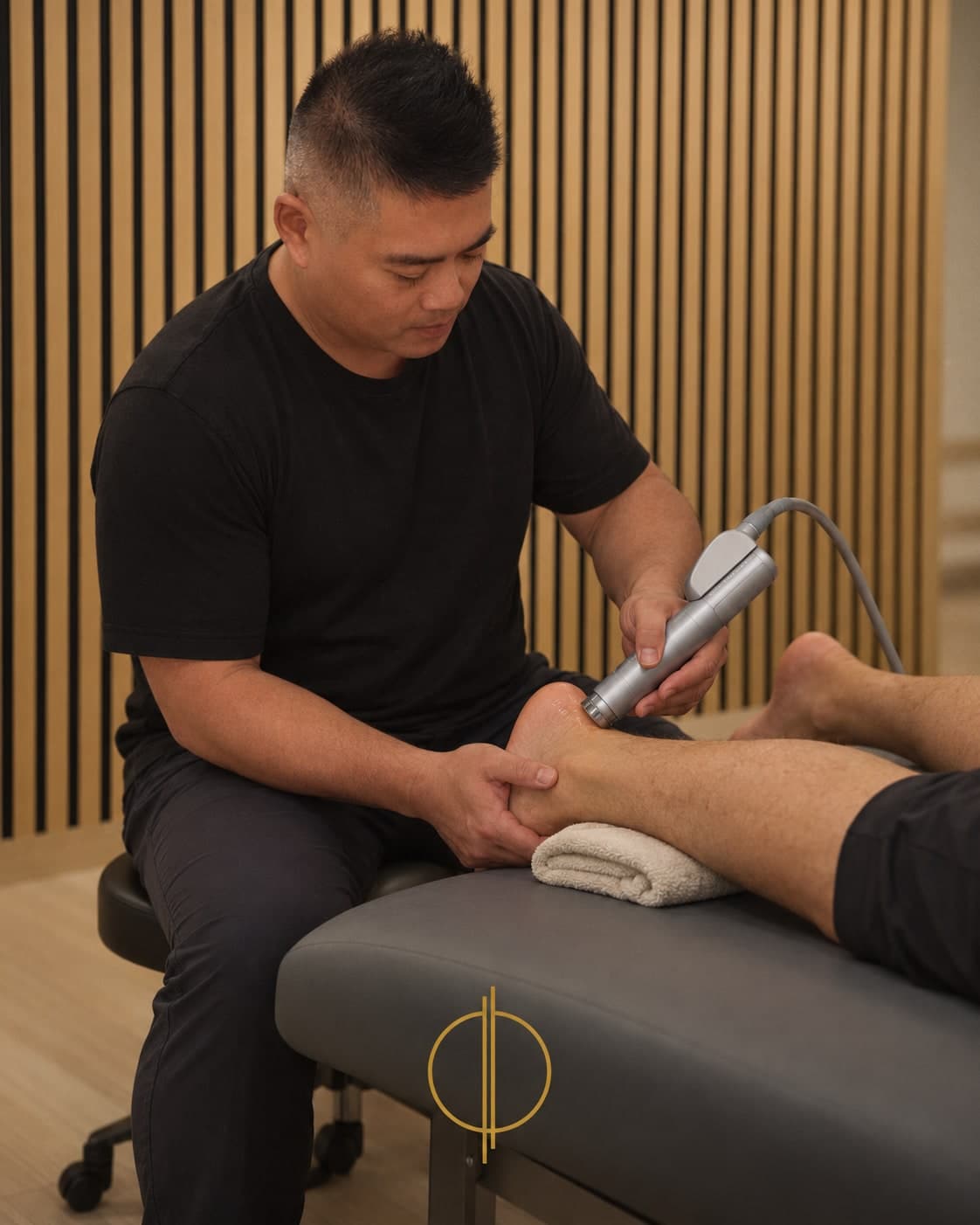 A clinician in a black t-shirt seated beside a treatment table, using a handheld silver device on a patient's ankle and heel while the patient lies with the leg resting on a folded towel, wood slat wall behind