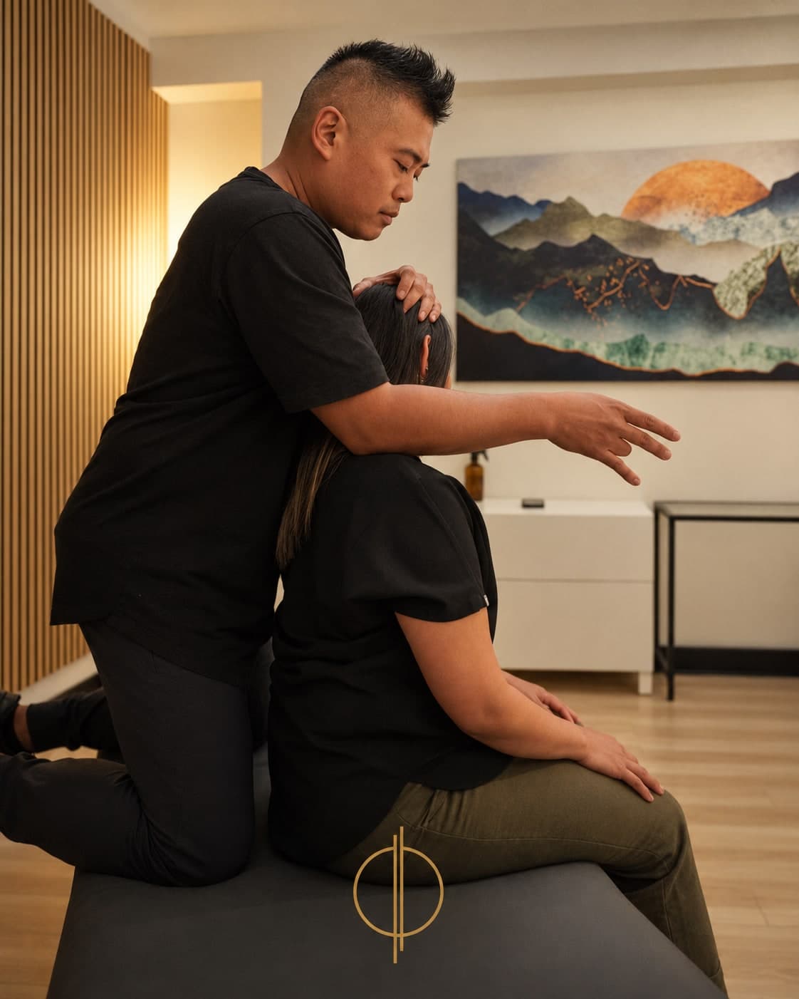 Mike Diolata, Registered Massage Therapist at Philo Health in Calgary, supporting a seated patient's head and neck during a massage therapy treatment